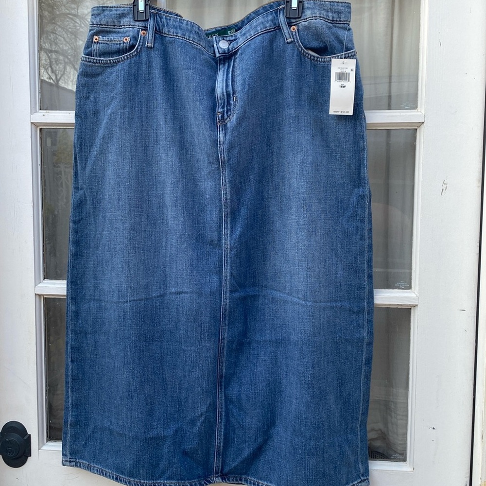Lauren Ralph Lauren denim blue jeans midi cotton skirt size 16 W NWT $125.00